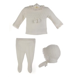 Conjunto de ceremonia para bebé de jersey,polaina y capota marfil