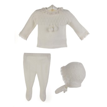 Conjunto de ceremonia para bebé de jersey,polaina y capota marfil