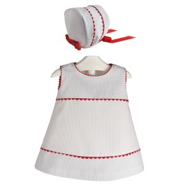 Set of dress and hood for baby and girl of piqué striped and red piculina
